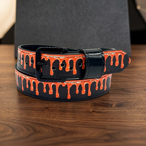 Cinturón de Béisbol de Cuero Vacuno para Halloween, Diseño Casual con Efecto de Goteo Naranja, Hebilla de Doble Punta Plateada, Diseño 3D, Duradero, 42 Pulgadas - Product Image 4