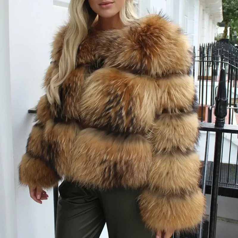 Mode 2022 mantel bulu rakun wanita mantel musim dingin mewah kualitas tinggi asli penuh bulu rakun anjing wanita alami