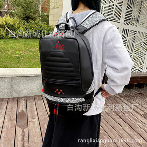 Trendy Large Capacity PU <b>Backpack</b> For <b>Men</b> <b>Black</b> And White Printed Color Blocking 20-35L Interior Zipper Pocket Leisure Travel - Product Image 4