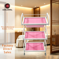 Chariot de beauté à 3 niveaux avec cadre blanc et maille rose, avec plateau d'extension latéral, chariot à outils mobile sur roulettes