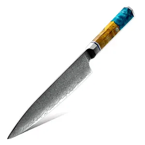 Coltello da cuoco da 8 pollici con manico in legno di resina blu giapponese AUS10 coltelli da cucina per carne da pesca in acciaio damasco