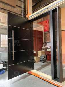 <span class=keywords><strong>Porte</strong></span> <span class=keywords><strong>d</strong></span>'<span class=keywords><strong>entrée</strong></span> résidentielle en bois massif avec longues poignées argentées et fenêtre fixe en verre noir - Product Image 4