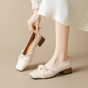 Sandale Plat Women's Fashion Square Toe <b>Block</b> Heel 2.5CM Pearl Party Rhinestone Strap Satin Work Office Shoes - Product Image 1