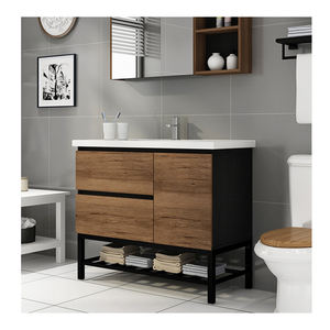 Meuble de salle de bain moderne monté en bois de <span class=keywords><strong>chêne</strong></span> massif en ligne technique double lavabo meuble avec lavabo et miroir - Product Image 1