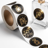 Rouleau d'étiquettes autocollantes pour parfum, personnalisées, en feuille d'or noir métallique, circulaires, luxueuses, élégantes, pour flacon de parfum, motif floral rose, ensemble de décalcomanies françaises