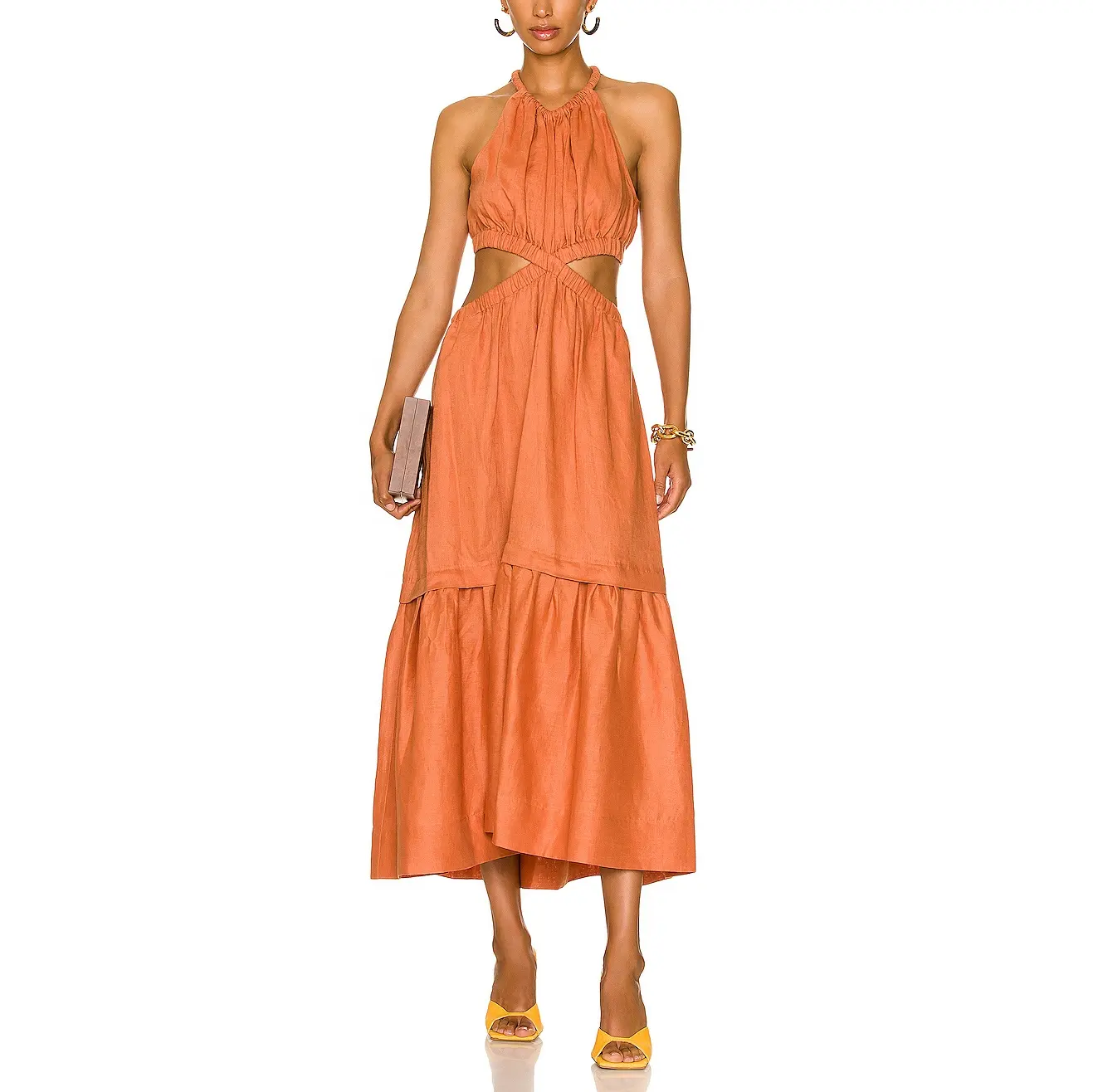 Summer Criss-cross Fashion Solid Cut-out Pleated A-line Midi Dress Elegant Linen Dress for Women