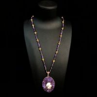 Collier en bambou avec neuf billes de cuivre violet, améthyste, cristaux tchèques et incrustations de perles d'imitation – Tendance, unique, haut de gamme