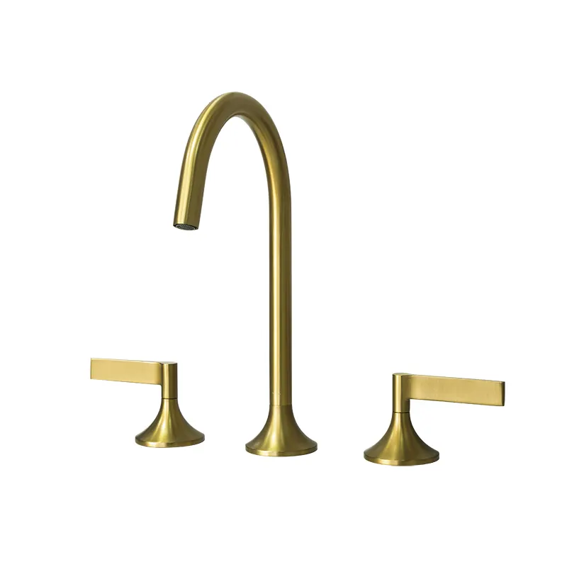 新しいデザインのデッキマウントブラッシュドゴールド真鍮蛇口シャワー洗面器蛇口バスルーム