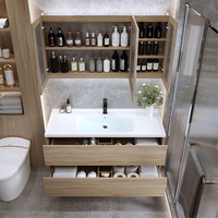 Penjualan langsung dari pabrik kaca apung Modern mewah lemari dinding Hung wastafel tunggal wastafel kayu ek putih Set Vanity kamar mandi