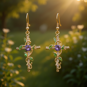 E1723 Orecchini pendenti a croce in oro con cristallo di ametista per donna, gioielli per cerimonie religiose - Product Image 2