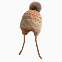Bonnet d'hiver tricoté pour enfants, mignon, double couche, doublure en peluche, protection des oreilles, motif rétro, avec pompon, pour garçons et filles