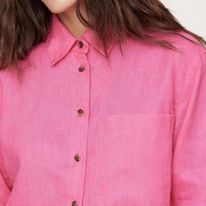 เสื้อเชิ้ตผ้าลินินแท้ 100% ดีไซน์ทันสมัยสำหรับผู้หญิง แขนยาว สีขาว ทรงหลวม เสื้อยืดผู้หญิง - Product Image 2