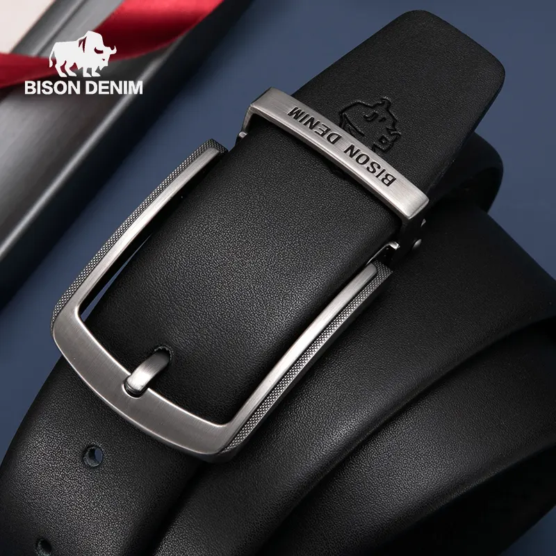 BISON DENIM Men Belt Genuine Leather Luxury Designer Belt Cowskin Vintage Pin Buckle For Men