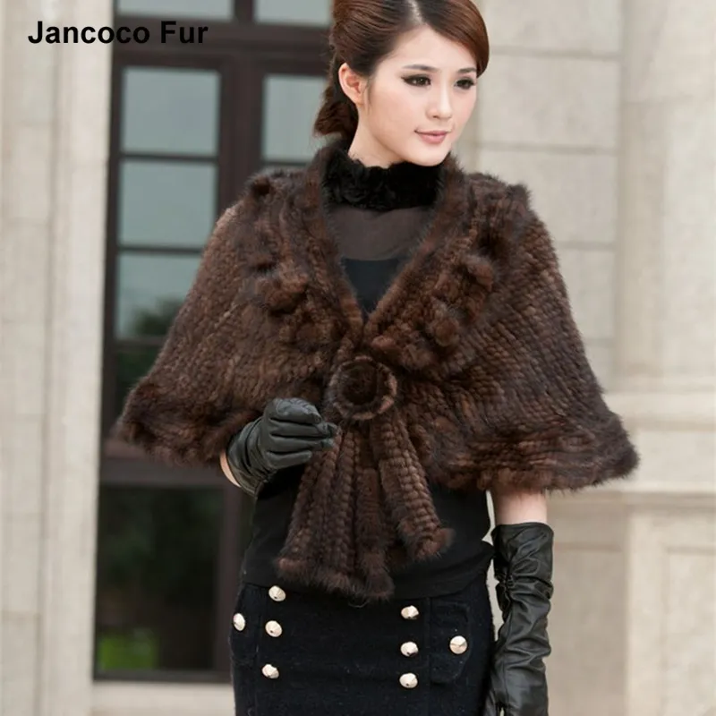 Real Mink Fur Shawl High Quality Luxury Mink Fur Knitted Poncho Jackets Lady Winter Warm Cape S1057