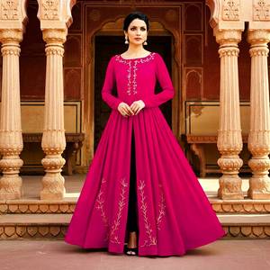 Vestido de Noche Largo de Crepé Rosa Bordado, Corte en A, Cintura Natural y Mangas Largas para Mujer, Ropa Formal para Fiestas - Product Image 1