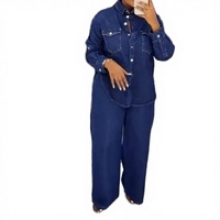 Ensemble 2 pièces décontracté en jean non tissé pour femme, chemise à manches longues avec poches et pantalon droit coupe classique, bleu coton, automne