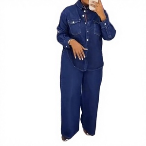 Women's Denim 2-Piece Set Long Sleeve Shirt Pockets Straight <b>Pants</b> Regular Fit Casual Autumn Blue Cotton Breathable Outfit - Product Image 3