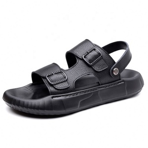 Sandales pour hommes en cuir véritable à motif léopard, à bout ouvert, avec boucle, confortables, antidérapantes, pour l'été, décontractées, semelle en caoutchouc, pour l'extérieur - Product Image 5