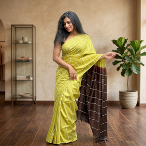 Sari Tradicional de Seda Pura con Rayas Amarillas y Marrones para Mujer, Estilo Étnico Indio, Largo hasta el Suelo, Corte Regular, para Todas las Temporadas - Product Image 5