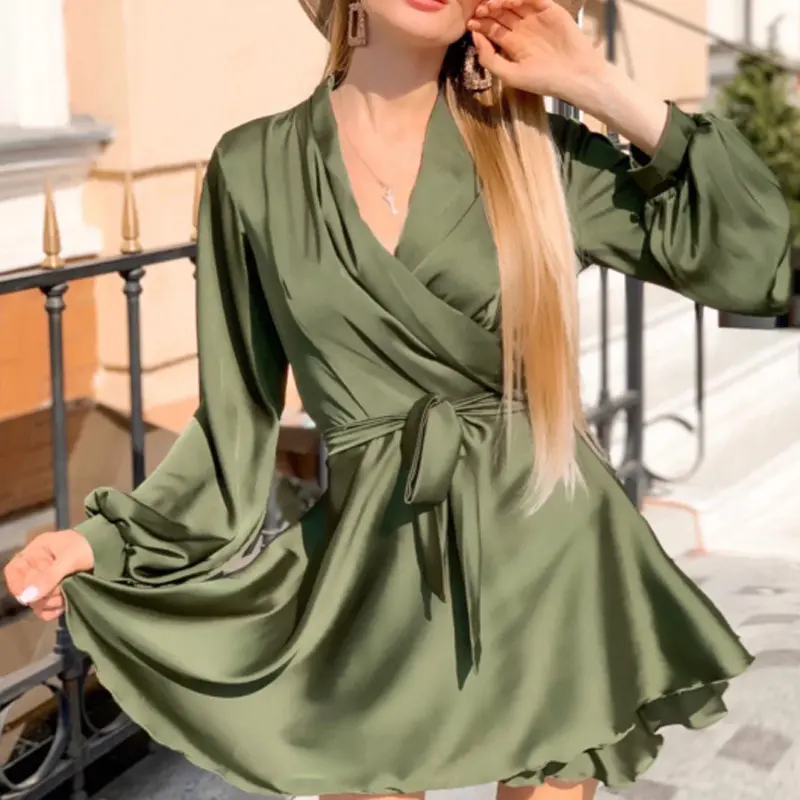 Green Fitted V Collar Women Clothing Long Lantern Sleeve Short Loose Dress Casual Fall Mini Dresses