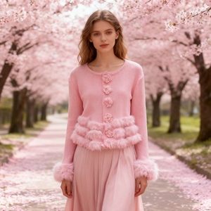 เสื้อสเวตเตอร์ถักแขนยาวลายดอกไม้สำหรับผู้หญิง แต่งระบายชายเสื้อ แฟชั่น - Product Image 1