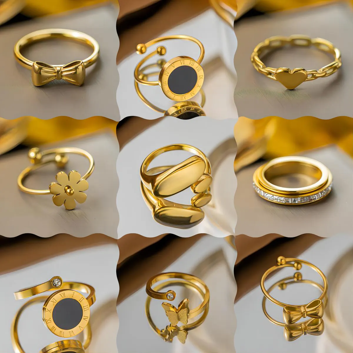 Cincin wanita baja tahan karat 18K heteroseksual geometris bentuk bunga aster cincin emas angka Romawi berlian kupu-kupu bukaan dapat disesuaikan