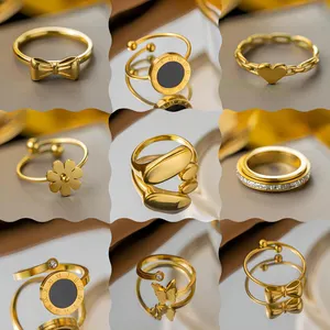 Stainless Steel 18K Heterosexual Geometric Daisy Shape Gold Ring Roman Numeral Butterfly Diamond Opening Adjustable Women Ring