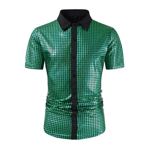 Chemises pour hommes à boutons, paillettes, manches courtes, années 70, discothèque, costume de cosplay, argenté métallique, polos de performance pour hommes - Product Image 4