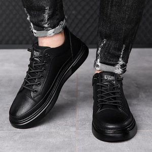 Baskets en cuir noir respirantes pour hommes, chaussures de sport décontractées à enfiler, couleur unie, origine Wenzhou - Product Image 3