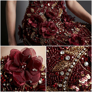 Robe de soirée sirène bordeaux sans bretelles, ornée de fleurs 3D, de sequins <span class=keywords><strong>et</strong></span> de perles, pour gala formel ou invitée de mariage, OEM - Product Image 2