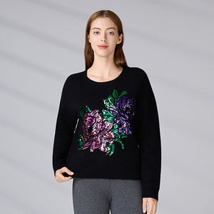 Maglione Nero con <span class=keywords><strong>Paillettes</strong></span> e Ricamo a Peonia, Girocollo, Maniche Lunghe, Pullover Casual da Donna - Product Image 6