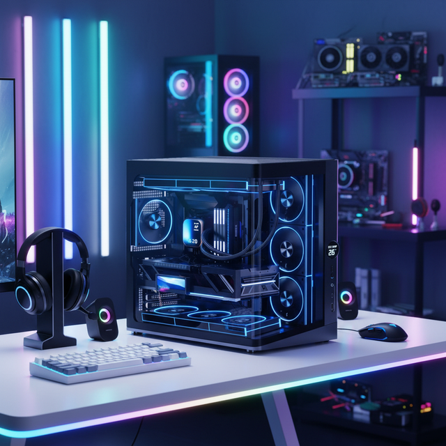 NPC Custom Vertical Aluminum Alloy Full Side Tempered Glass ATX Mid-Tower PC Case with 360mm Liquid Cooling Support for Gaming