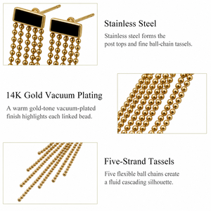 ต่างหูพู่ห้อยโซ่ลูกปัด สแตนเลสชุบทอง 14K สีดำแบบสุญญากาศ ต่างหูห้อยยาวห้าเส้น - Product Image 3