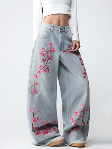 Nouveau <span class=keywords><strong>Jean</strong></span> Large en Denim Brodé Taille Mi-Haute pour Femme, Style Tendance et Personnalisé - Product Image 3