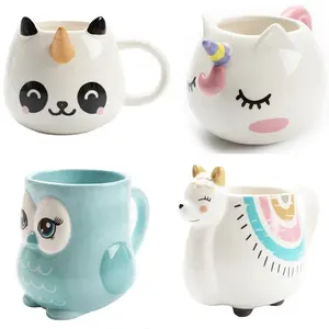 Custom Kawaii Animal Unicorn Lama Panda Cat Owl Coffee Mug Porcelain Creative Kids Drinking Cup 3D Animal Mugs For Kids