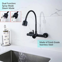 Robinet de cuisine mural noir élégant col flexible 2 fonctions tête de pulvérisation Construction en acier inoxydable massif pour la cuisine à domicile