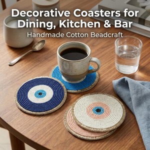 Handmade Beaded Round <b>Coaster</b> , Blue & White Decorative <b>Drink</b> <b>Coasters</b> for Dining Table, Kitchen, Home & Bar Decor - Product Image 2