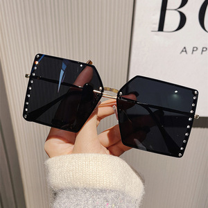 <b>Sunglasses</b> Large <b>Square</b> Frame Rhinestone Studded UV400 Protection Women Fashion Sunshades Gold Frame PC Lens - Product Image 1