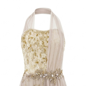 Vestido de Ballet Lírico con Cuello Halter, Encaje y Pedrería Dorada, Falda Midi de Tul Floral, Disfraz de Danza Contemporánea para Niñas - Product Image 2