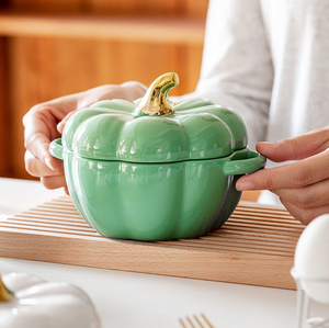 Ensemble de bol de citrouille avec couvercle et poignée Ramequins en céramique pour la cuisson de casseroles Pot de séparation individuel en grès allant au <span class=keywords><strong>four</strong></span> - Product Image 3