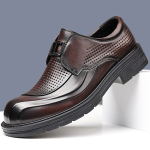 Chaussures d'été en cuir à enfiler pour hommes, bout rond, respirantes, perforées, semelle épaisse, style décontracté et professionnel, type bateau - Product Image 1