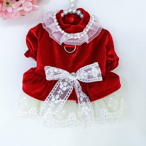Pet Dog Clothes <b>Red</b> Velvet Princess Dress With Lace <b>Bow</b> Cute Design For Spring Autumn Wedding Outfit - Product Image 5