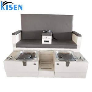 Kisen Beauty Nail Salon Furniture Grey Color Luxury Double Seats Pedicure Spa Manicure Chair with Foot Spa Led Light - Product Image 1