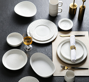 Service de table en céramique mouchetée style nordique minimaliste, assiettes et bols en grès blanc, passe au lave-vaisselle, design d'assiette plate - Product Image 6