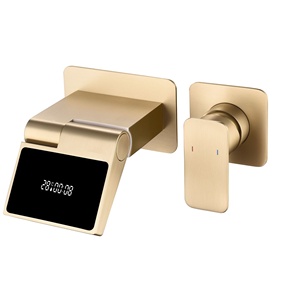 Grifo de lavabo de pared monomando de cobre puro de lujo ligero con pantalla digital, para agua fría y caliente, tipo cascada, de cerámica - Product Image 5