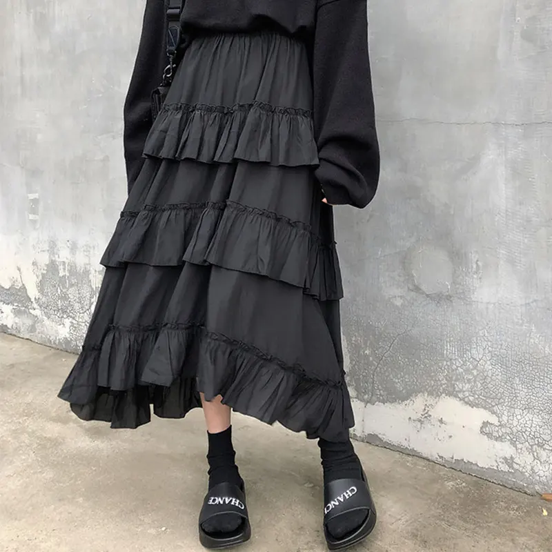 Midi Long Skirts Womens Gothic High Low Ruched Ruffle High Waisted Asymmetrical Black Skirt Summer Korean Fashion Goth