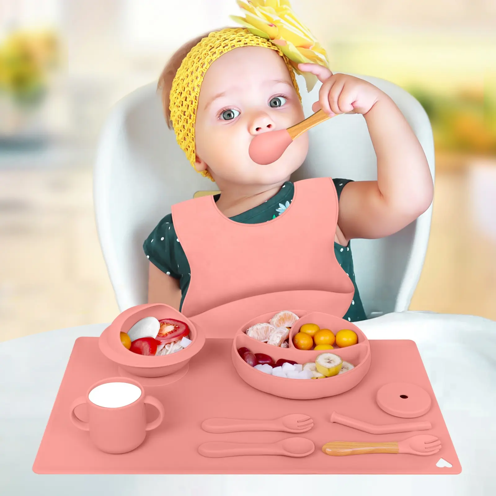 도매 Bpa 무료 아기 식기 실리콘 세트 신생아 먹는 도구 세트 유아 흡입 아기 실리콘 아이 먹는 세트