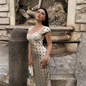 Vintage elegante cetim Polka Dot Bodycon Maxi vestido para mulheres Praça pescoço manga curta guarnição do laço Natural babados para casamento - Product Image 2