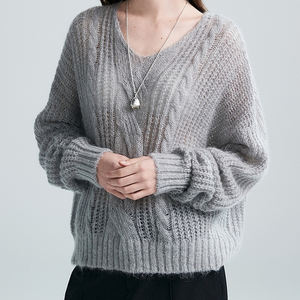 Pull oversize en <span class=keywords><strong>mohair</strong></span> pour femme, col en V, anti-boulochage, épais, toucher duveteux, pour l'automne/hiver, tricot minimaliste en laine, respirant, décontracté - Product Image 1