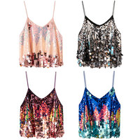 Camisoles à paillettes personnalisées OEM pour femmes, coupe ample, avec bretelles en paillettes, débardeurs, mode décontractée, camisoles scintillantes à col en V